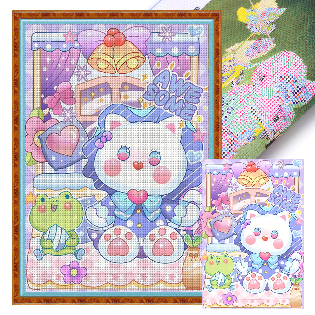 Cartoon Kitten And Frog - 11CT Stamped Cross Stitch 50*70CM