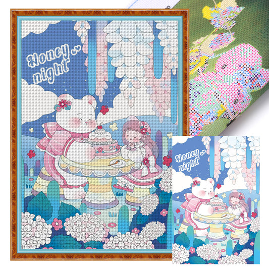 Cartoon Girl And Bear - 11CT Stamped Cross Stitch 50*70CM