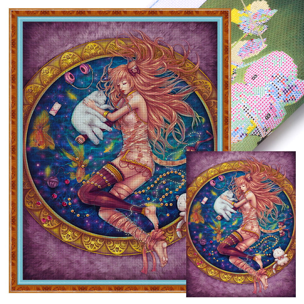 Girl And Cat - 11CT Stamped Cross Stitch 40*55CM