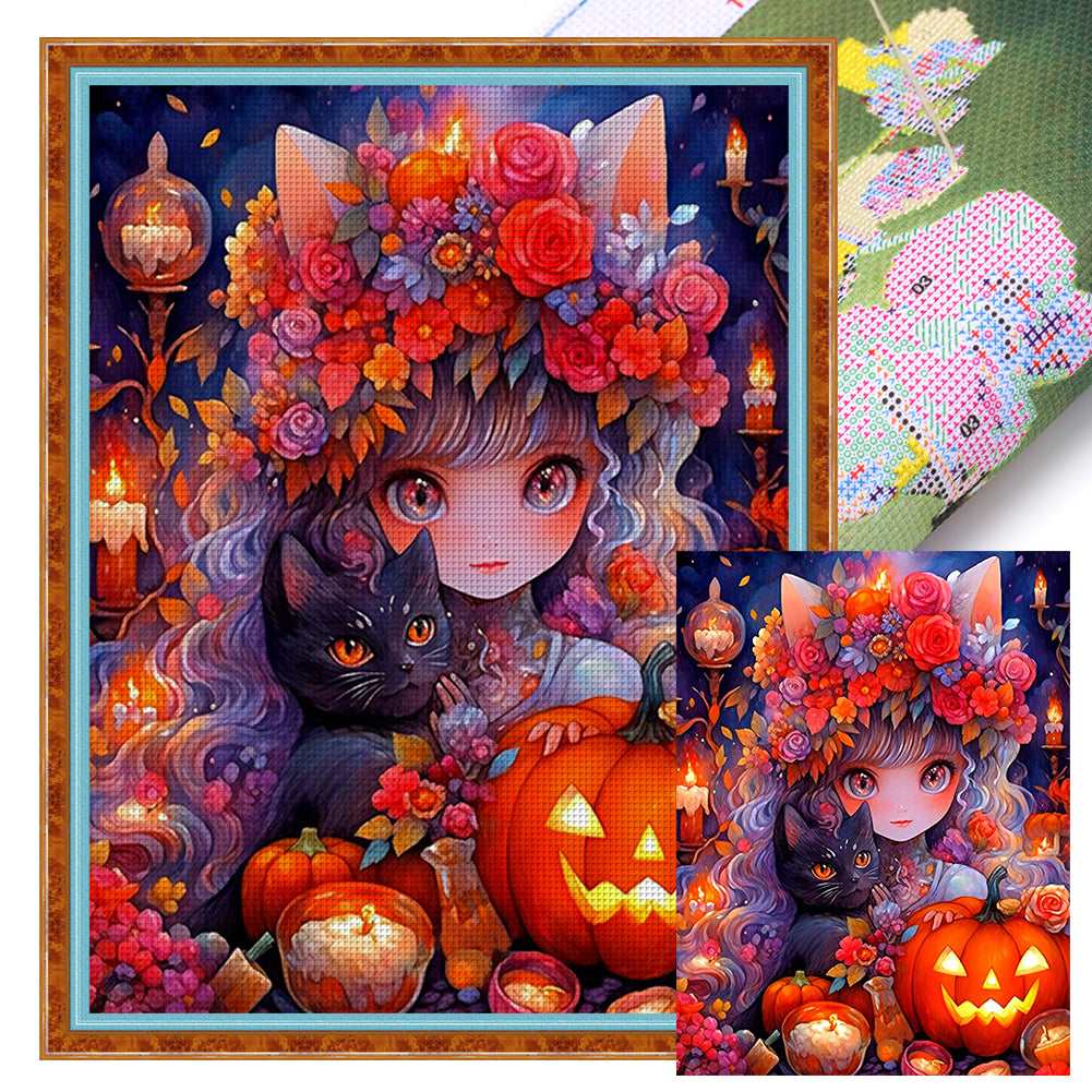 Cat Girl And Kitten - 11CT Stamped Cross Stitch 50*65CM