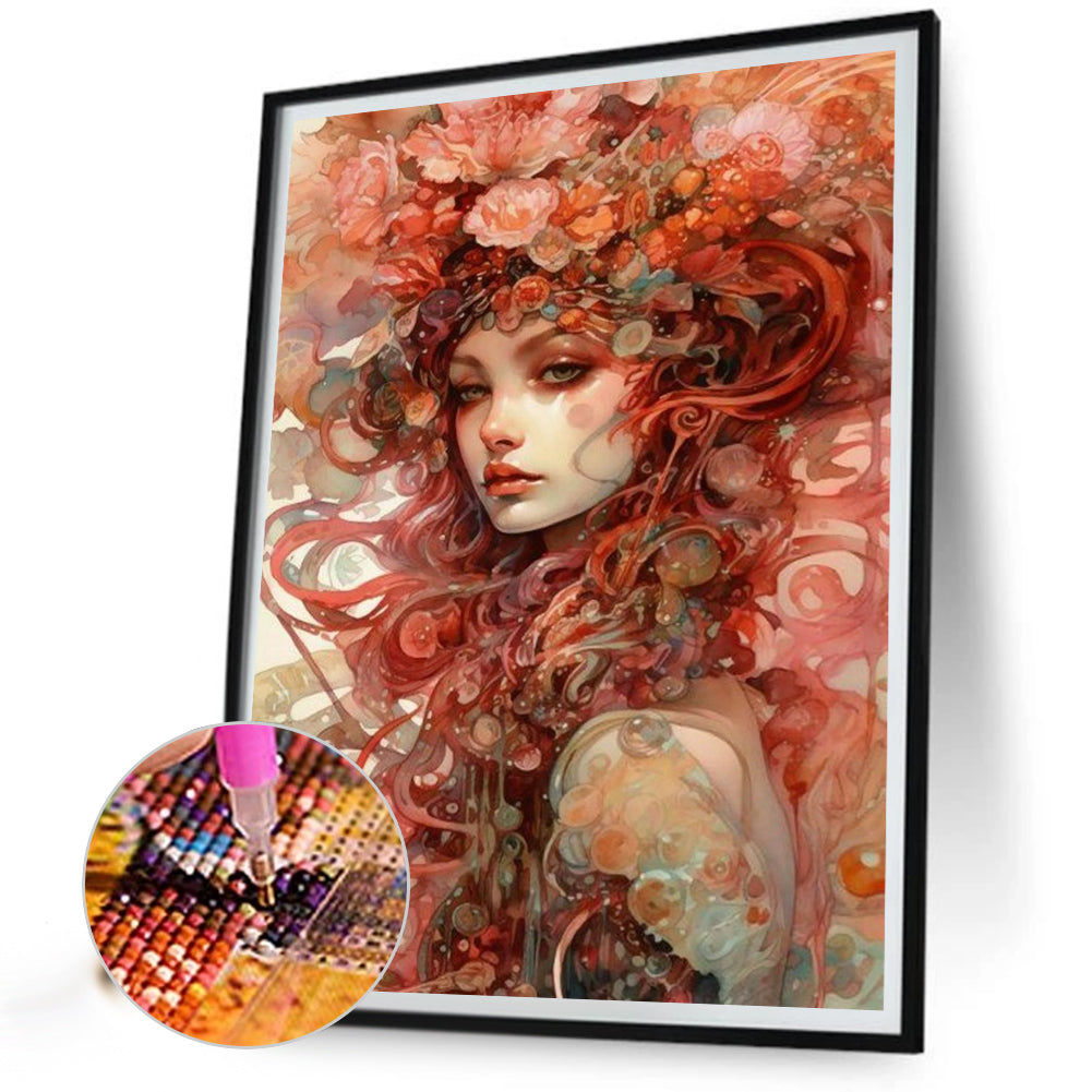 Flower Painted Girl - Full Round Drill Diamond Painting 40*50CM