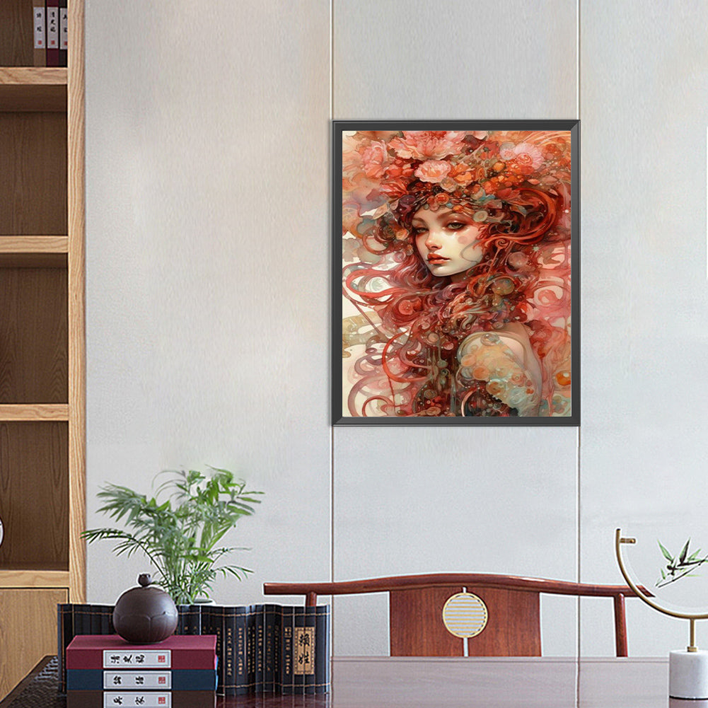 Flower Painted Girl - Full Round Drill Diamond Painting 40*50CM