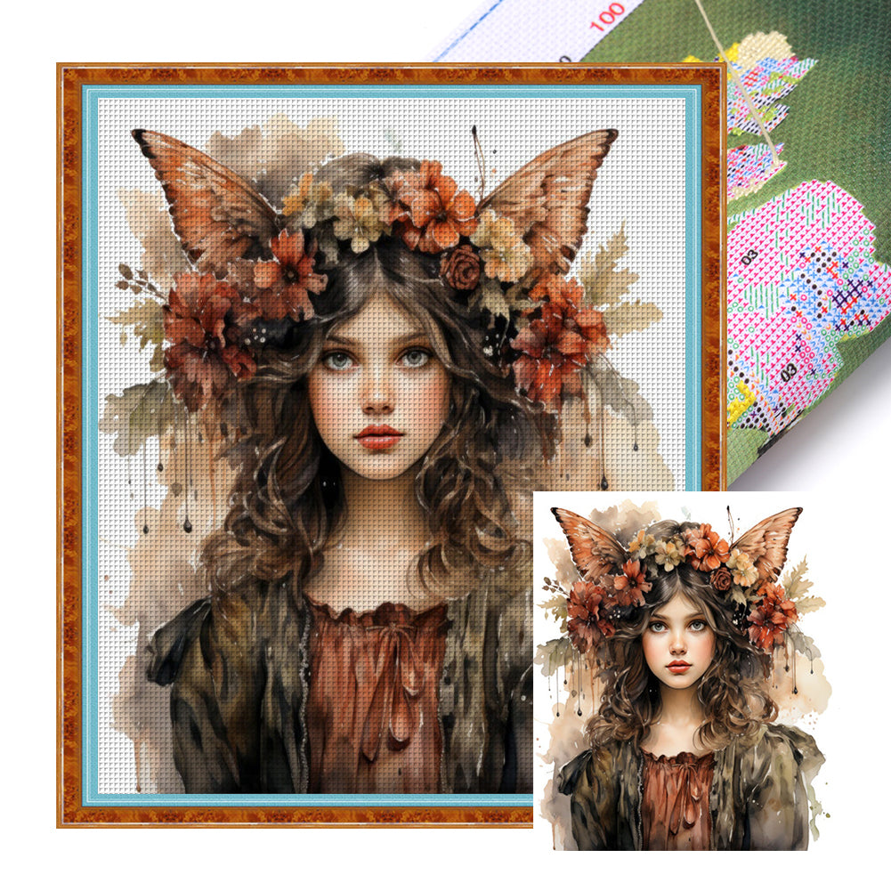 Flowers Butterfly Girl - 11CT Stamped Cross Stitch 50*55CM