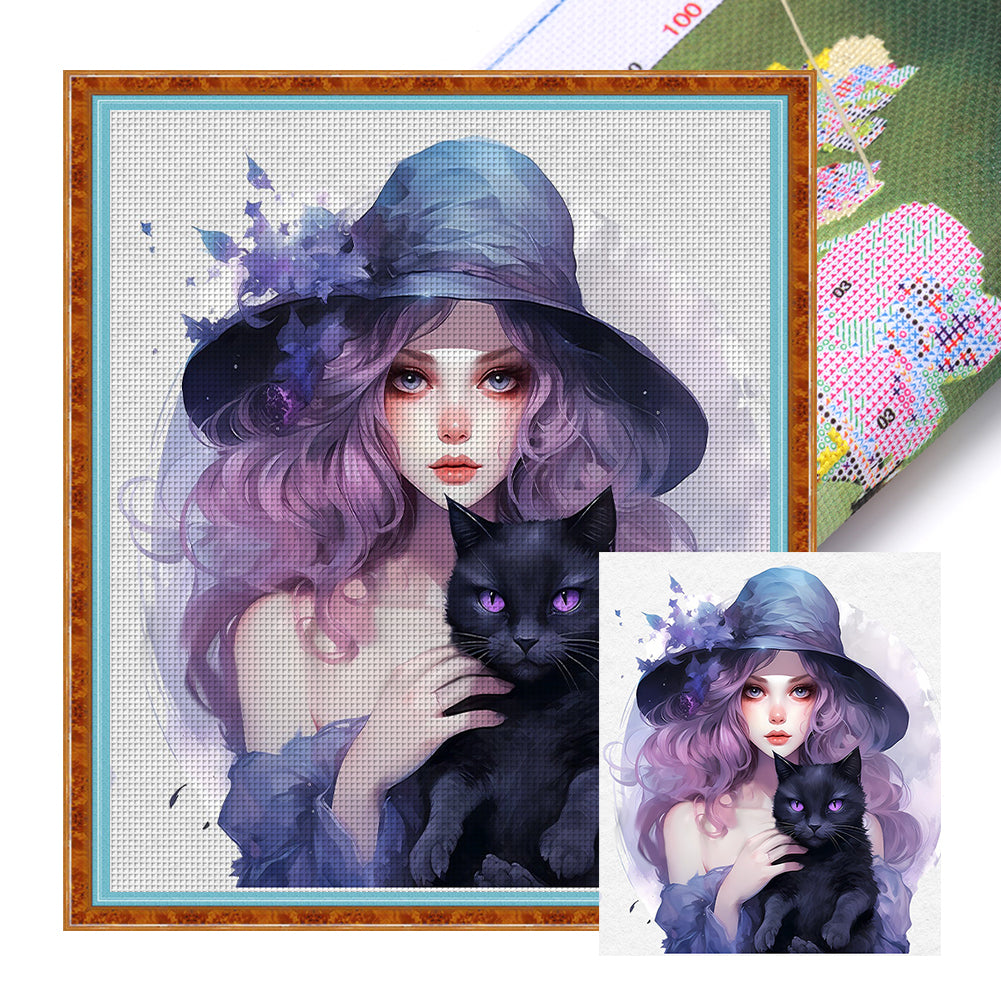 Witch And Black Cat - 11CT Stamped Cross Stitch 60*65CM