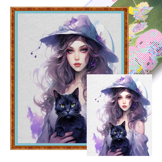 Witch And Black Cat - 11CT Stamped Cross Stitch 60*70CM