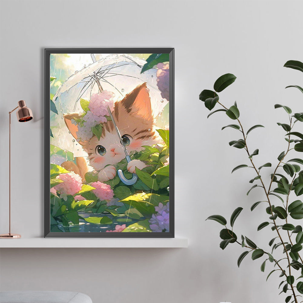 Cat With Umbrella - Full Round Drill Diamond Painting 40*60CM