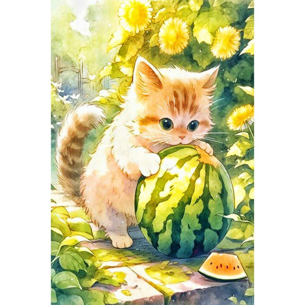 Cat Breaking Watermelon - Full Round Drill Diamond Painting 40*60CM