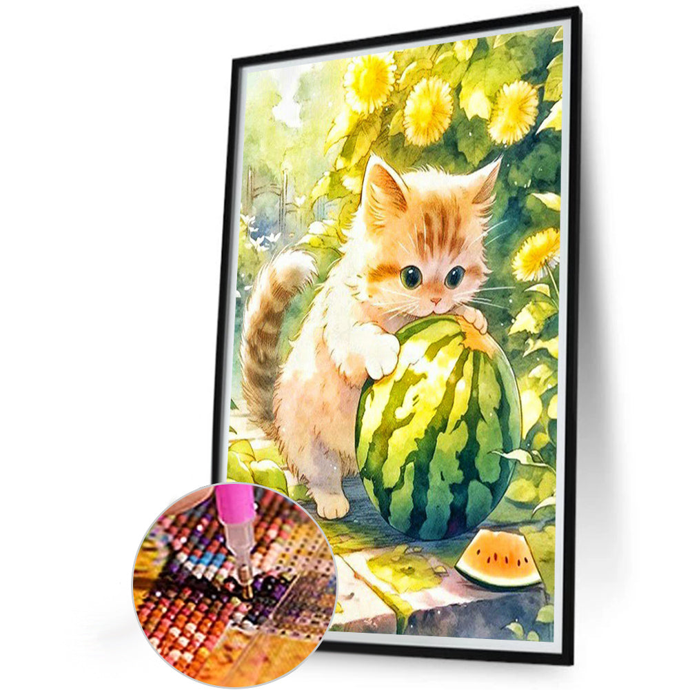 Cat Breaking Watermelon - Full Round Drill Diamond Painting 40*60CM