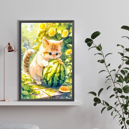 Cat Breaking Watermelon - Full Round Drill Diamond Painting 40*60CM