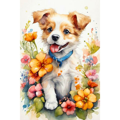 Dog In Flowers - Full Round Drill Diamond Painting 40*60CM