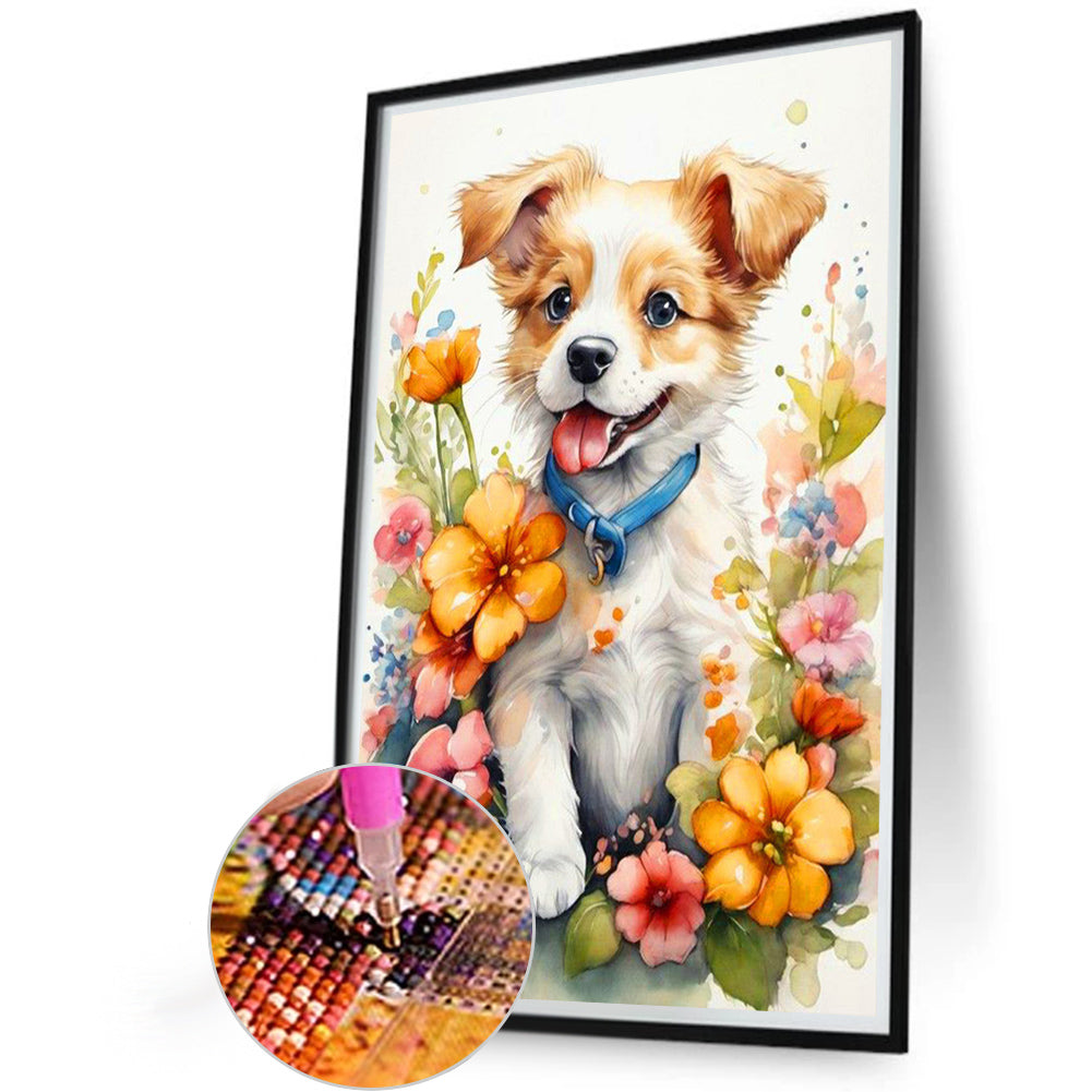 Dog In Flowers - Full Round Drill Diamond Painting 40*60CM