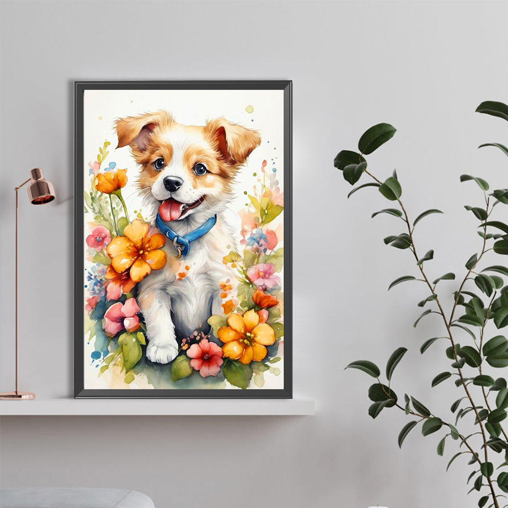 Dog In Flowers - Full Round Drill Diamond Painting 40*60CM