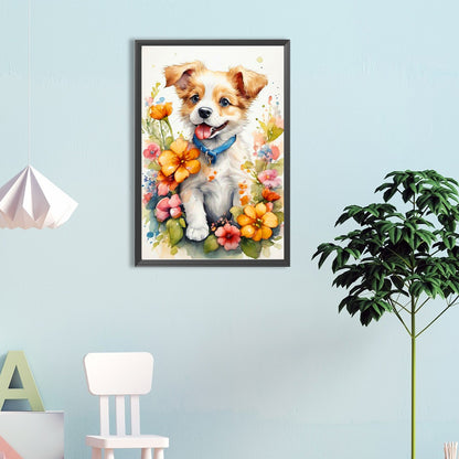 Dog In Flowers - Full Round Drill Diamond Painting 40*60CM