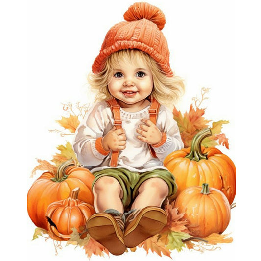 Doll In Pumpkin Pile - Full Round Drill Diamond Painting 40*50CM