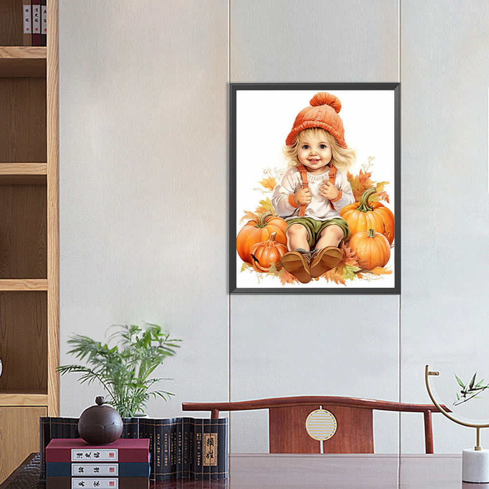 Doll In Pumpkin Pile - Full Round Drill Diamond Painting 40*50CM