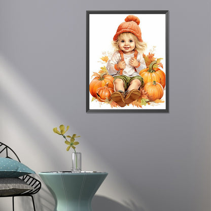 Doll In Pumpkin Pile - Full Round Drill Diamond Painting 40*50CM