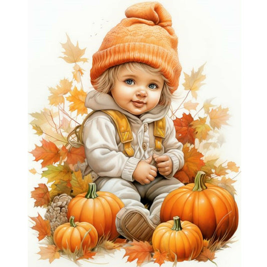 Doll In Pumpkin Pile - Full Round Drill Diamond Painting 40*50CM