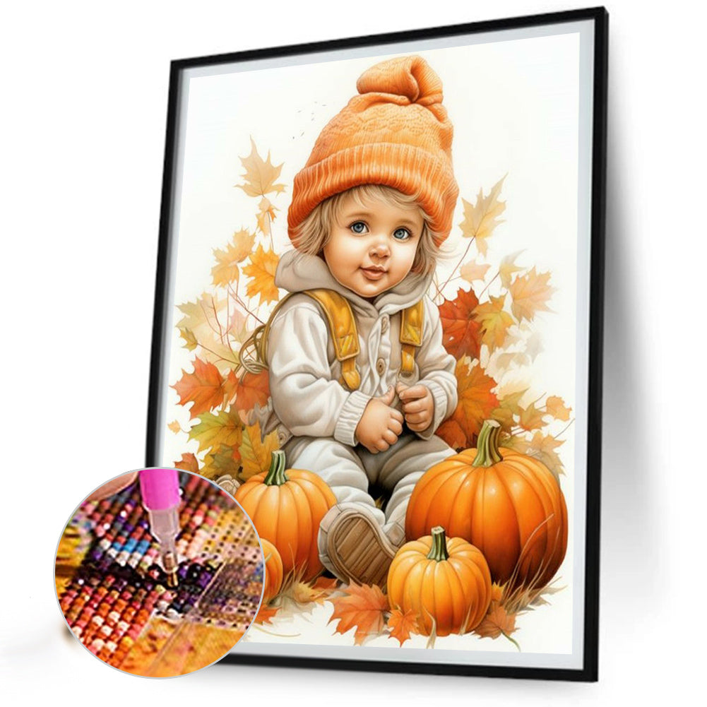 Doll In Pumpkin Pile - Full Round Drill Diamond Painting 40*50CM