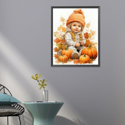 Doll In Pumpkin Pile - Full Round Drill Diamond Painting 40*50CM