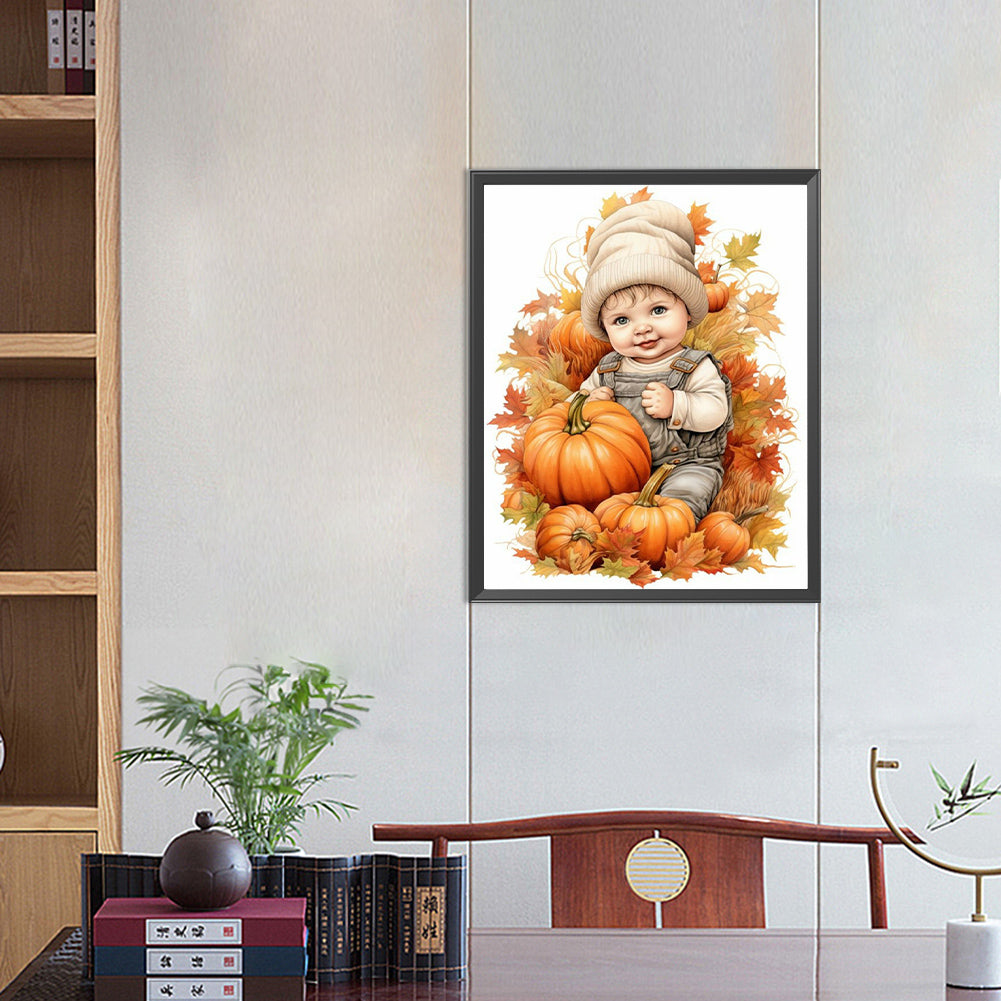 Doll In Pumpkin Pile - Full Round Drill Diamond Painting 40*50CM