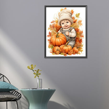 Doll In Pumpkin Pile - Full Round Drill Diamond Painting 40*50CM