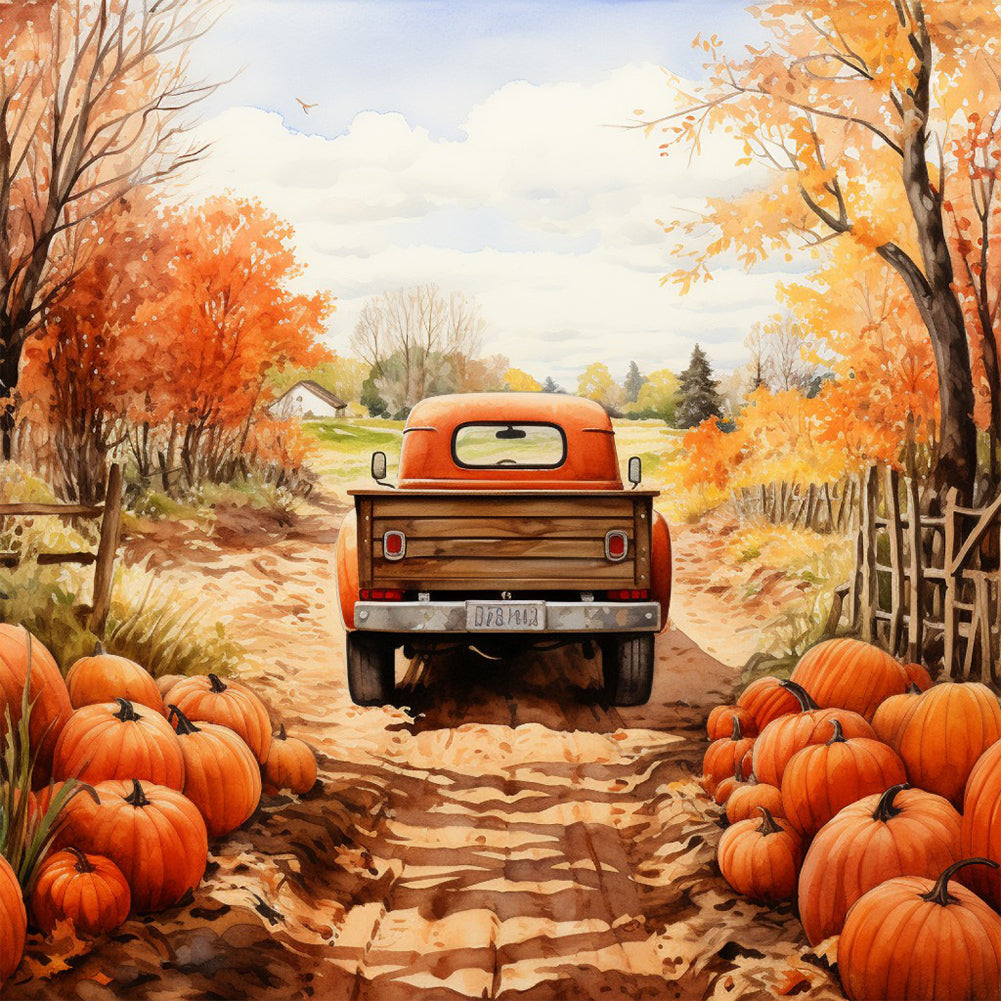 Autumn Pumpkin Vintage Car - Full Round Drill Diamond Painting 40*40CM