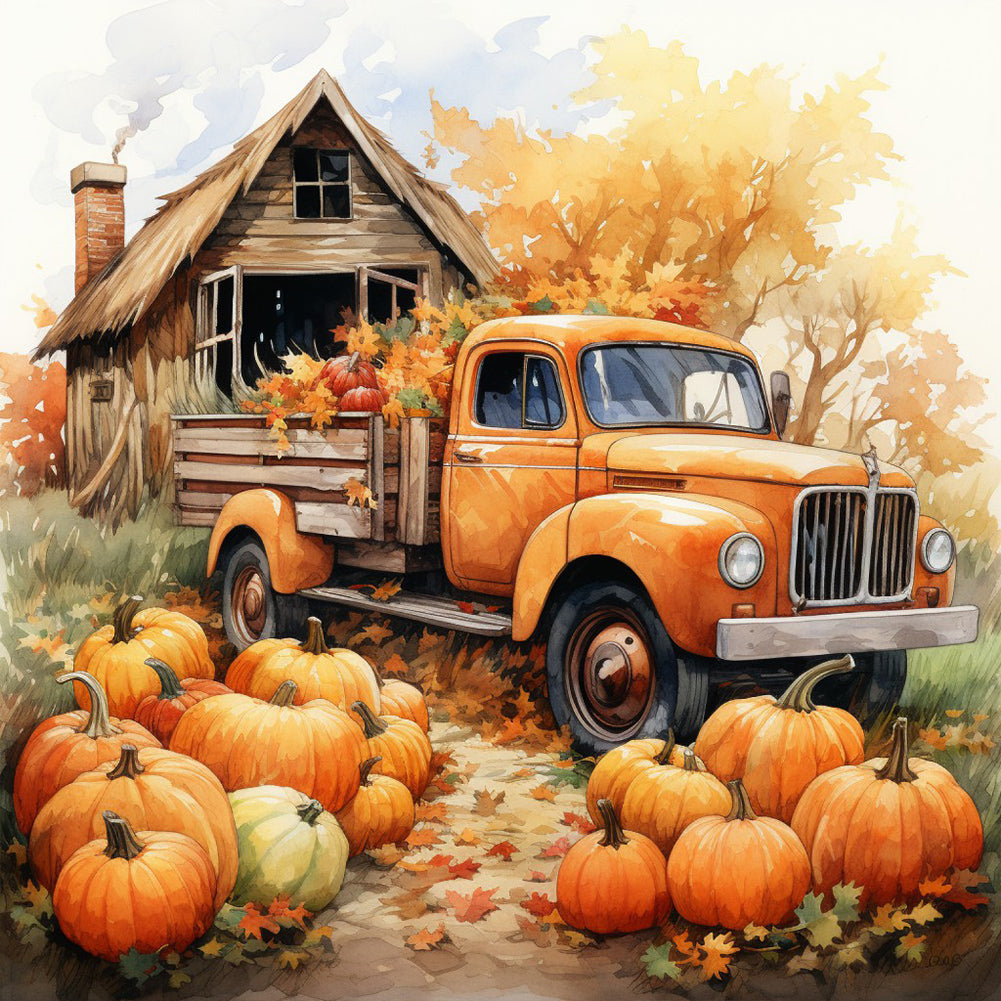 Autumn Pumpkin Vintage Car - Full Round Drill Diamond Painting 40*40CM