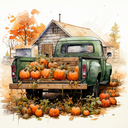 Autumn Pumpkin Vintage Car - Full Round Drill Diamond Painting 40*40CM