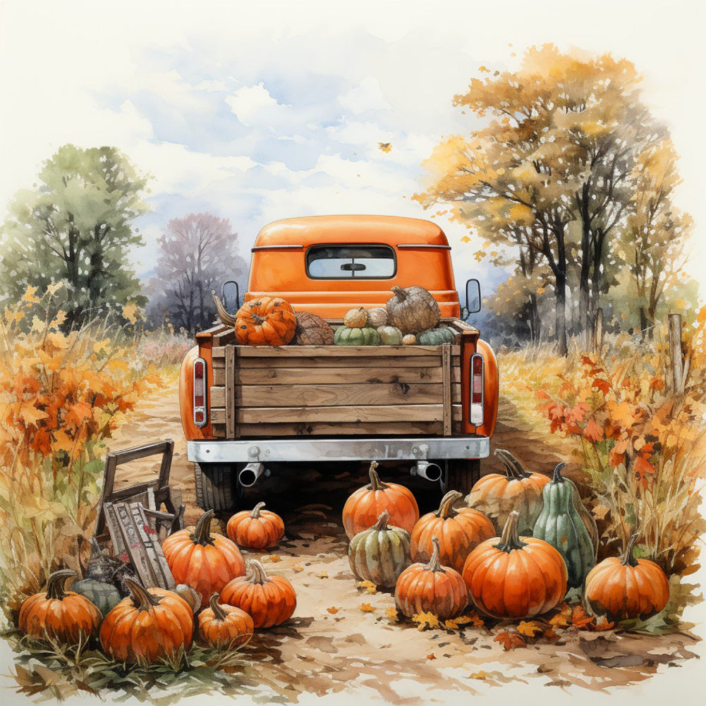 Autumn Pumpkin Vintage Car - Full Round Drill Diamond Painting 40*40CM