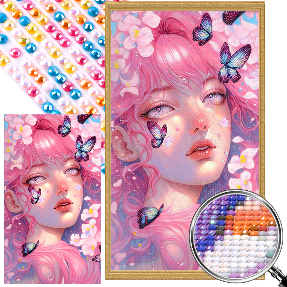 Pink Butterfly Girl - Full Round AB Drill Diamond Painting 40*70CM