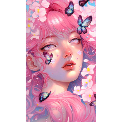 Pink Butterfly Girl - Full Round AB Drill Diamond Painting 40*70CM