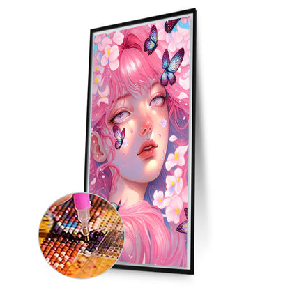 Pink Butterfly Girl - Full Round AB Drill Diamond Painting 40*70CM