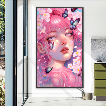 Pink Butterfly Girl - Full Round AB Drill Diamond Painting 40*70CM