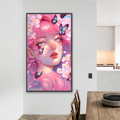 Pink Butterfly Girl - Full Round AB Drill Diamond Painting 40*70CM