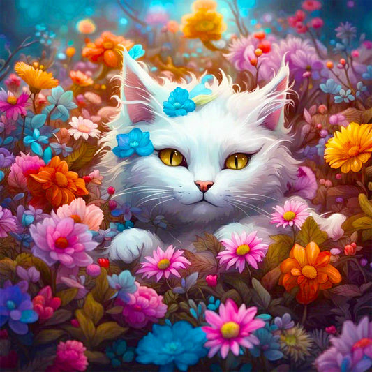 Cat In The Flowers - Full Round Drill Diamond Painting 40*40CM