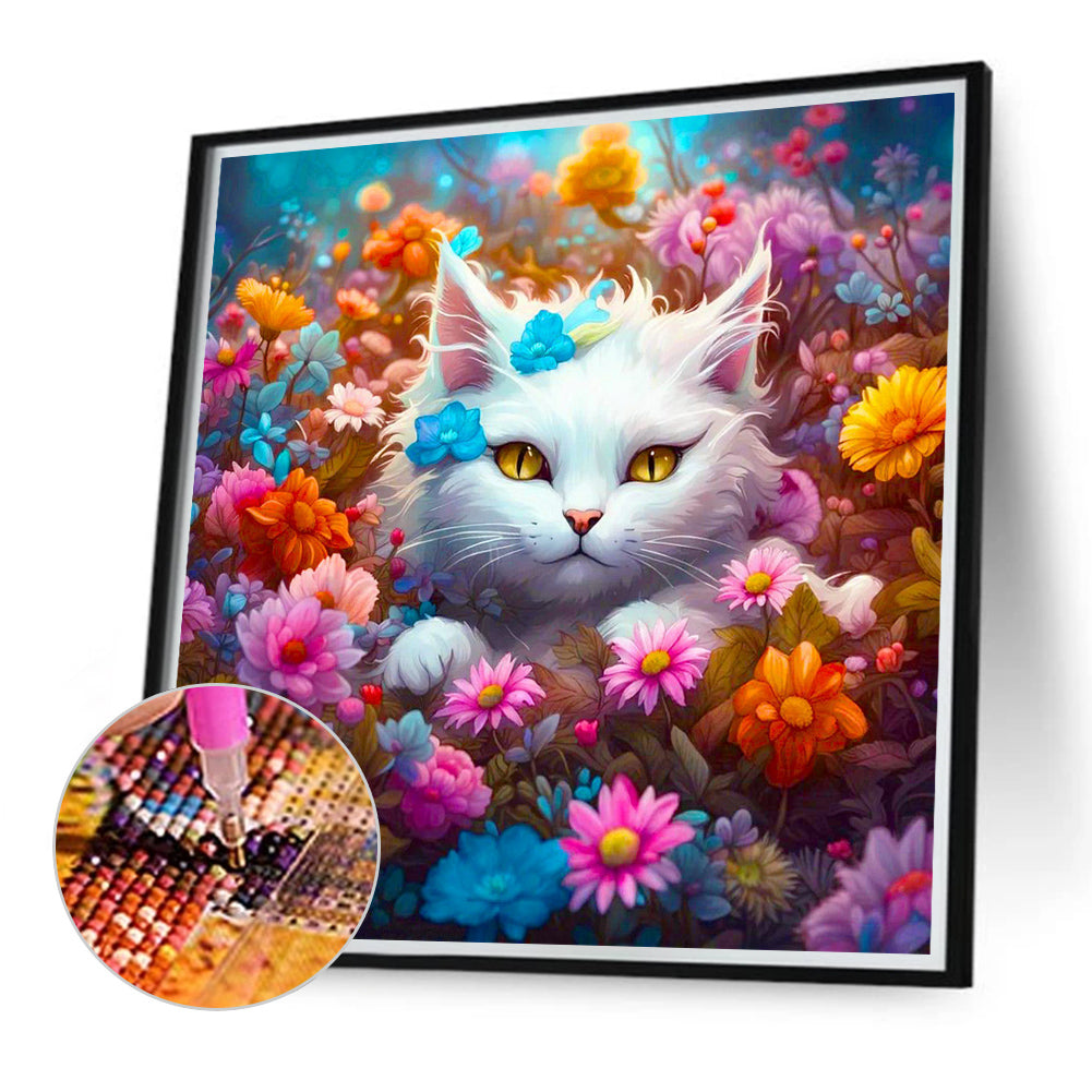 Cat In The Flowers - Full Round Drill Diamond Painting 40*40CM