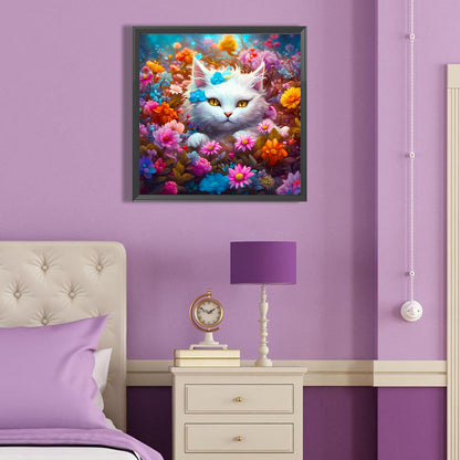 Cat In The Flowers - Full Round Drill Diamond Painting 40*40CM