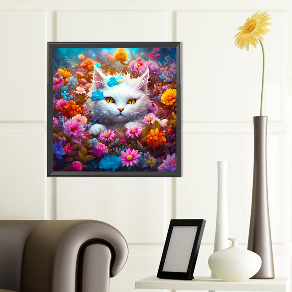 Cat In The Flowers - Full Round Drill Diamond Painting 40*40CM