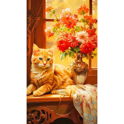 Orange Cat Next To Vase - Full Round Drill Diamond Painting 40*70CM