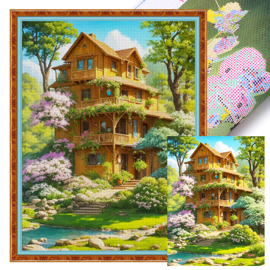 Landscape Scenery Cabin - 14CT Stamped Cross Stitch 45*60CM