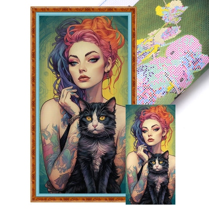 Girl And Cat - 11CT Stamped Cross Stitch 40*80CM