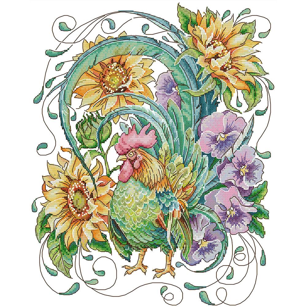 Rooster Among Sunflowers - 14CT Stamped Cross Stitch 34*40CM(Joy Sunday)