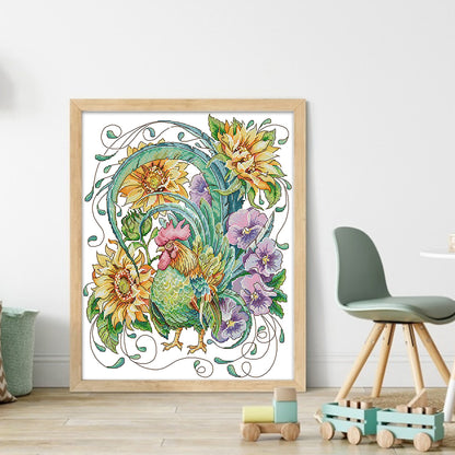 Rooster Among Sunflowers - 14CT Stamped Cross Stitch 34*40CM(Joy Sunday)