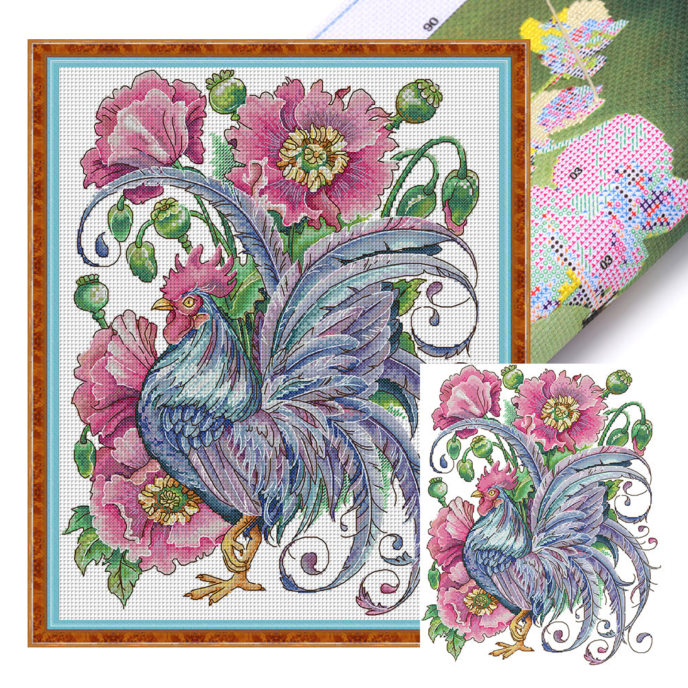 Rooster Among Poppies - 14CT Stamped Cross Stitch 33*40CM(Joy Sunday)