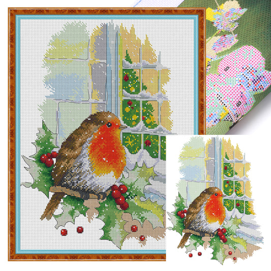 Christmas Red Bird In Front Of Window - 14CT Stamped Cross Stitch 33*41CM(Joy Sunday)