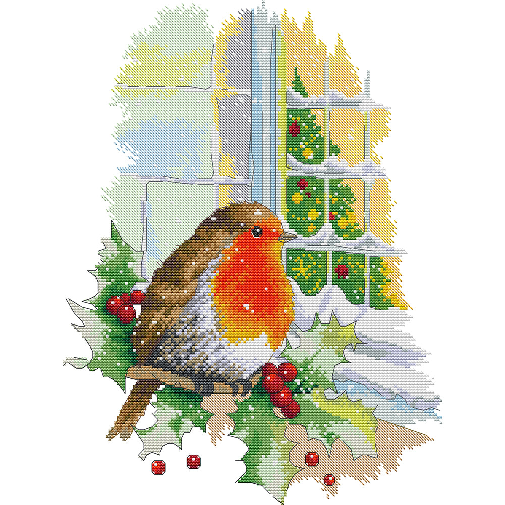 Christmas Red Bird In Front Of Window - 14CT Stamped Cross Stitch 33*41CM(Joy Sunday)