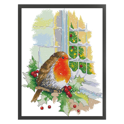 Christmas Red Bird In Front Of Window - 14CT Stamped Cross Stitch 33*41CM(Joy Sunday)