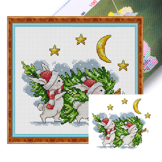 Little Bunny Carrying Christmas Tree - 14CT Stamped Cross Stitch 21*19CM(Joy Sunday)