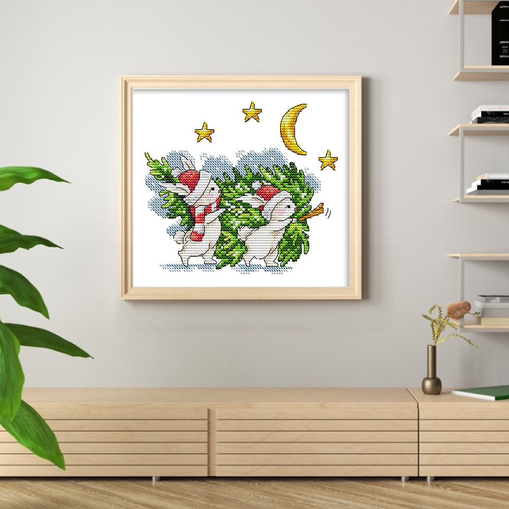 Little Bunny Carrying Christmas Tree - 14CT Stamped Cross Stitch 21*19CM(Joy Sunday)