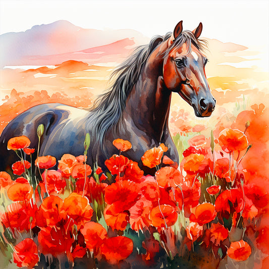 Poppy And Horse - Full Round Drill Diamond Painting 40*40CM